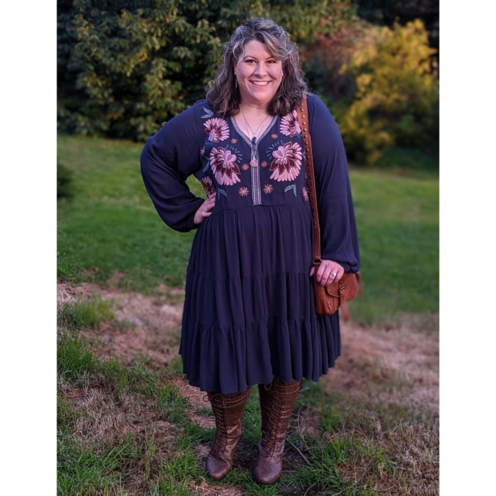 Boho Embroidered Long-Sleeve Navy Dress